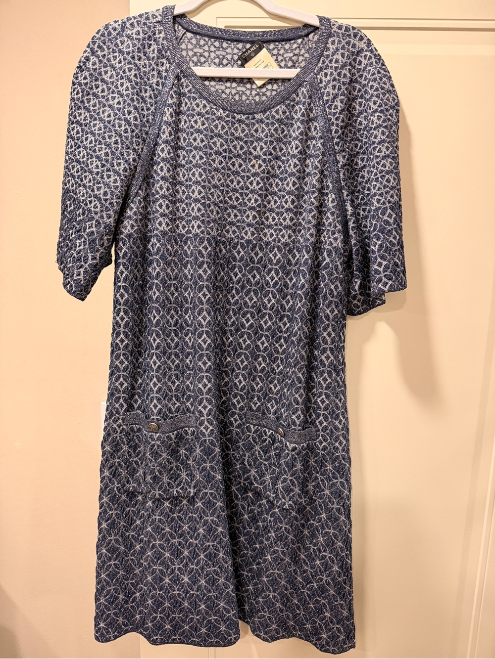 CHANEL Blue Patterned Midi Dress with Short Sleeves
